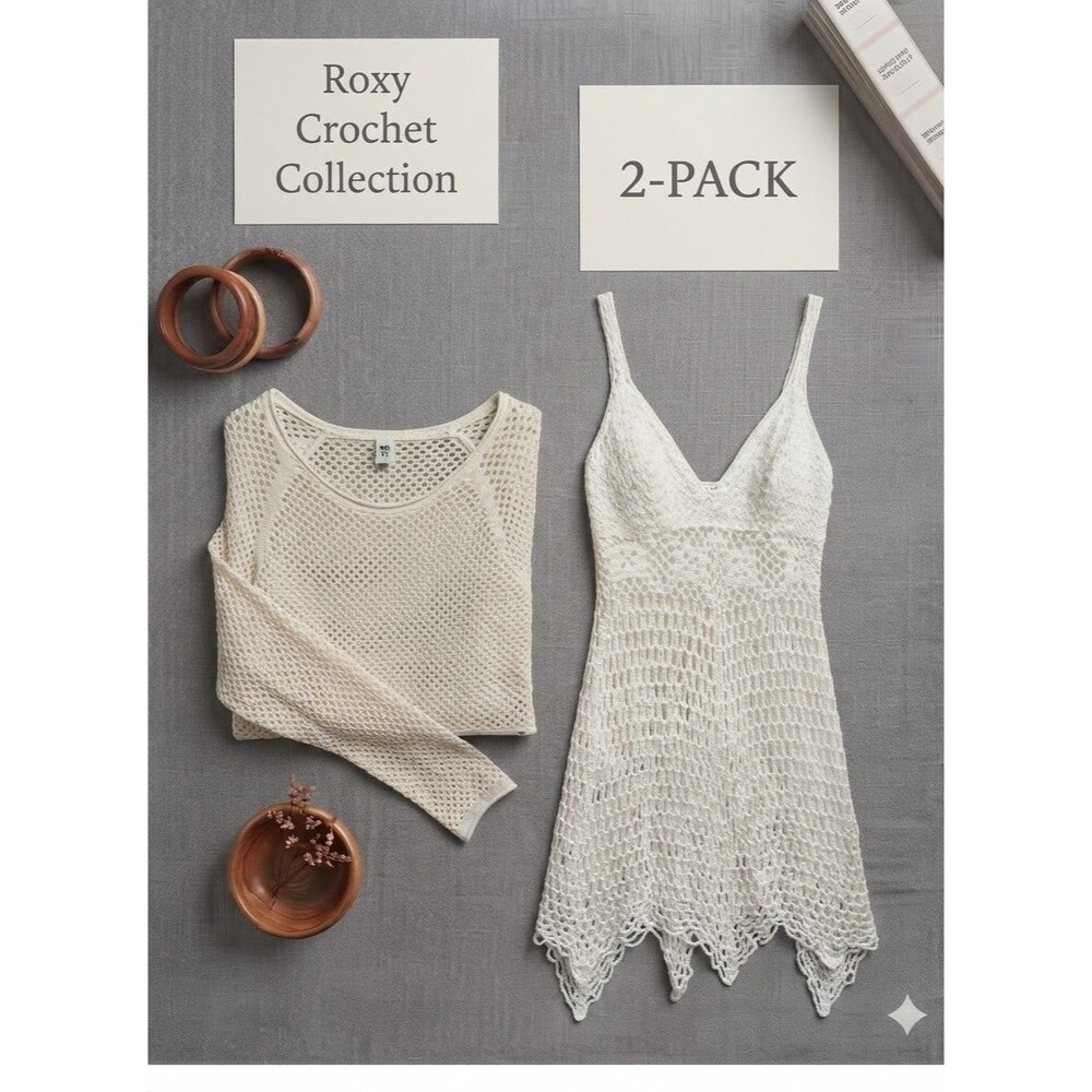 2 PACK LOT! Roxy Women’s Crochet Pull Over Top & Elegant Crochet Boho Coverup